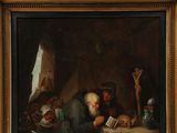 an old painting of a man reading a book in front of a group of people