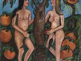 painting of two nudes in a tree with fruit and sun
