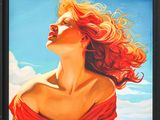 painting of a woman in a red dress looking up at the sky