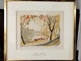 aquarelle encadrée représentant un bateau sur un lac au milieu d'un paysage boisé