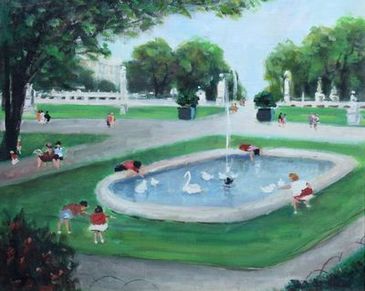 un tableau représentant des enfants jouant dans une fontaine dans un parc