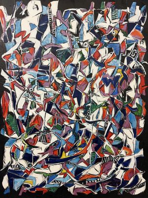 une peinture représentant un grand ensemble de formes abstraites sur fond noir