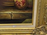 a painting of a pomegranate and a bowl of strawberries on a table