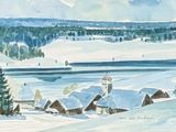 tableau représentant un village sous la neige, avec un lac et des montagnes en arrière-plan