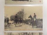 three black and white photos of people riding horses and a horse drawn carriage