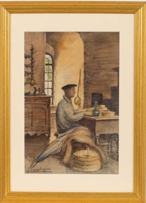 tableau représentant un homme assis à une table, un couteau à la main