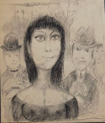 drawing of a woman in a black dress with a group of people behind her