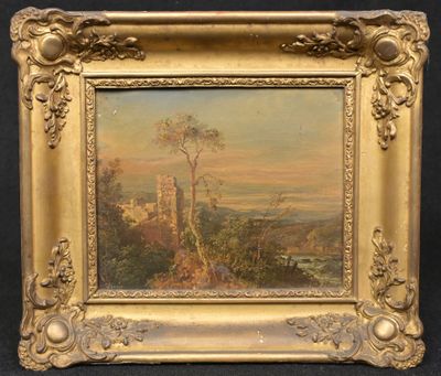 une peinture à l'huile d'un paysage avec un château au loin