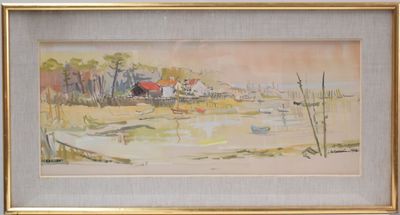 framed watercolor painting of boats on a beach with houses in the background