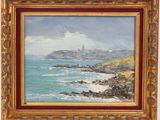 un tableau représentant une vue sur l'océan avec un phare au loin