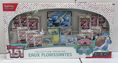 présentation de cartes à collectionner Pokémon et d'objets de collection dans une vitrine