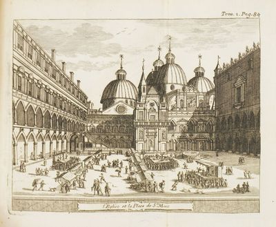 un vieux dessin représentant un grand bâtiment avec une fontaine au milieu