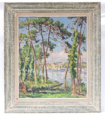 un tableau représentant des arbres et un plan d'eau, dans un cadre blanc