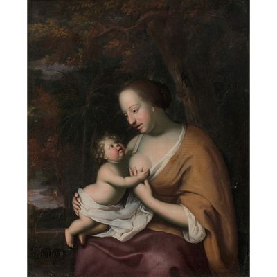 une peinture représentant une femme tenant un bébé dans ses bras