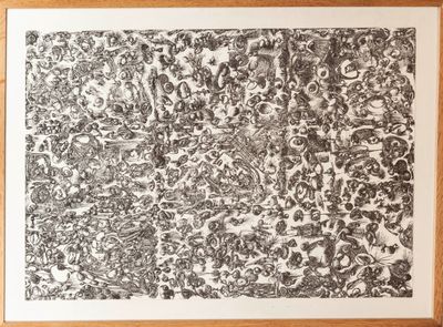a black and white drawing of a bunch of flowers in a wooden frame