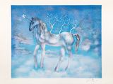 tableau représentant une licorne blanche sur fond de ciel bleu