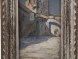 an old picture of a painting of a castle in a wooden frame
