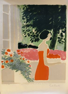 an image of a painting of a woman in a red dress looking out of a window