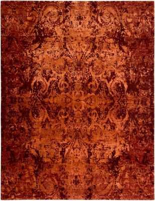 Tapis Moderne noué main laine et soie , fond rouge 300 x 250