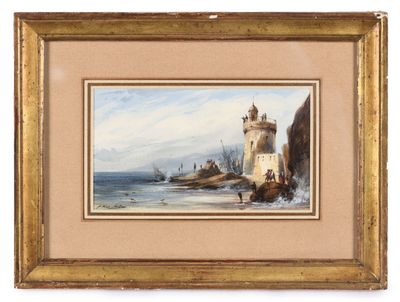une image d'une peinture représentant un phare sur une plage