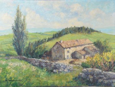 une peinture à l'huile représentant une maison dans un champ, avec une colline en arrière-plan