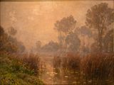a painting of a river with trees in the background