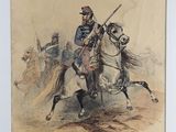 an old picture of a man on a horse with a sword
