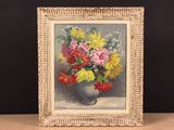 a painting of flowers in a vase on a table