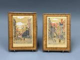 deux tableaux encadrés représentant une scène de rue et une calèche