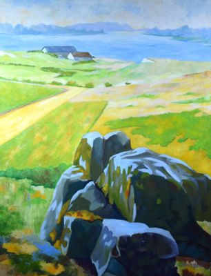 une peinture représentant une peinture d'un champ parsemé de rochers