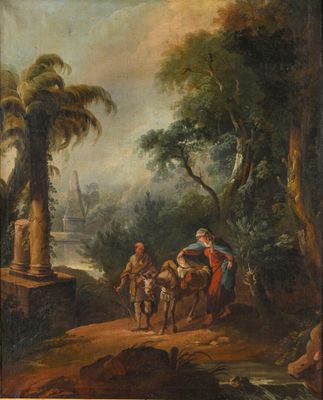 un tableau représentant un groupe de personnes à cheval dans une zone boisée