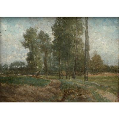 l'image d'une peinture d'un champ avec des arbres en arrière-plan