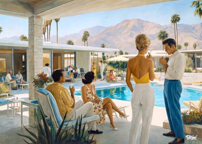 tableau représentant un homme et une femme debout devant une piscine