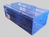 a blue plastic box with a lid on a gray background