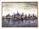 tableau représentant un tableau d'une ville avec un bateau sur l'eau