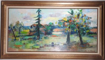 une peinture à l'huile d'un paysage avec des arbres dans un cadre doré