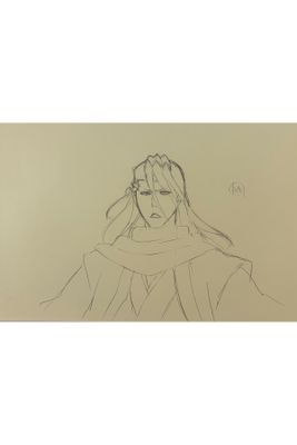drawing of a woman in a robe with a hand on her head