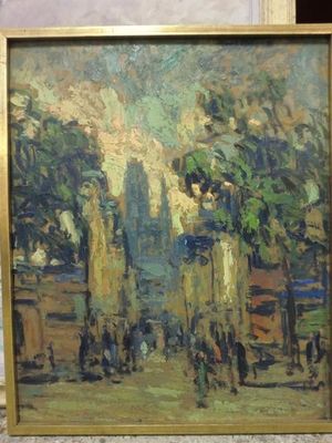 painting of a painting of a city street with people walking down it