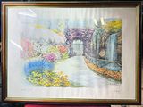a picture of a painting of a garden with flowers