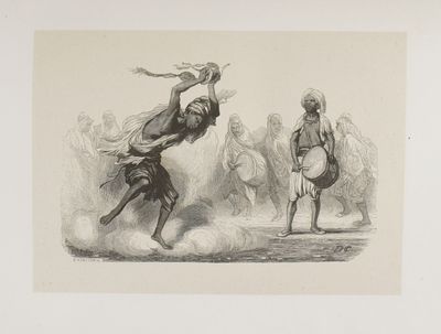 illustration of a man falling off a horse in front of a group of men