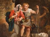 un tableau représentant un homme et une femme dans une grange avec des moutons