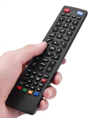 someone is holding a remote control in their hand on a white background