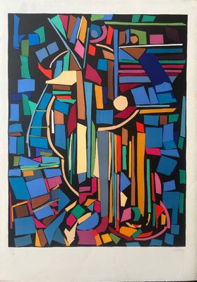 peinture représentant une peinture d'une guitare et d'un vase de fleurs posés sur une table
