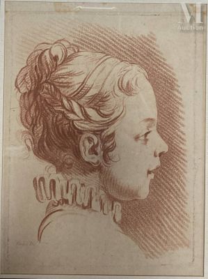 an old drawing of a woman ' s head with a braid in her hair