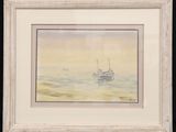 painting of a boat in a body of water with a yellow sky in the background