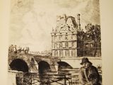 drawing of a man sitting on a bench in front of a building