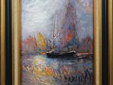 an oil painting of a boat on a river with a sky background