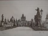 dessin représentant une vue de la ville depuis un pont, avec une statue au premier plan