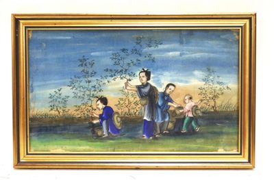 painting of a family in a field with a tree in the background