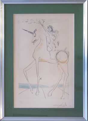 painting of a unicorn on a horse in a green frame